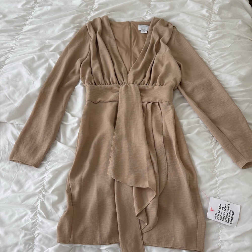 ASOS Tan Long Sleeve Deep Cut Dress with tie detail